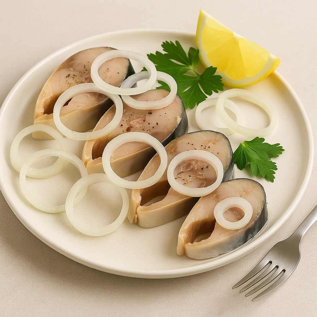 Подача маринованої скумбрії з цибулею та лимоном