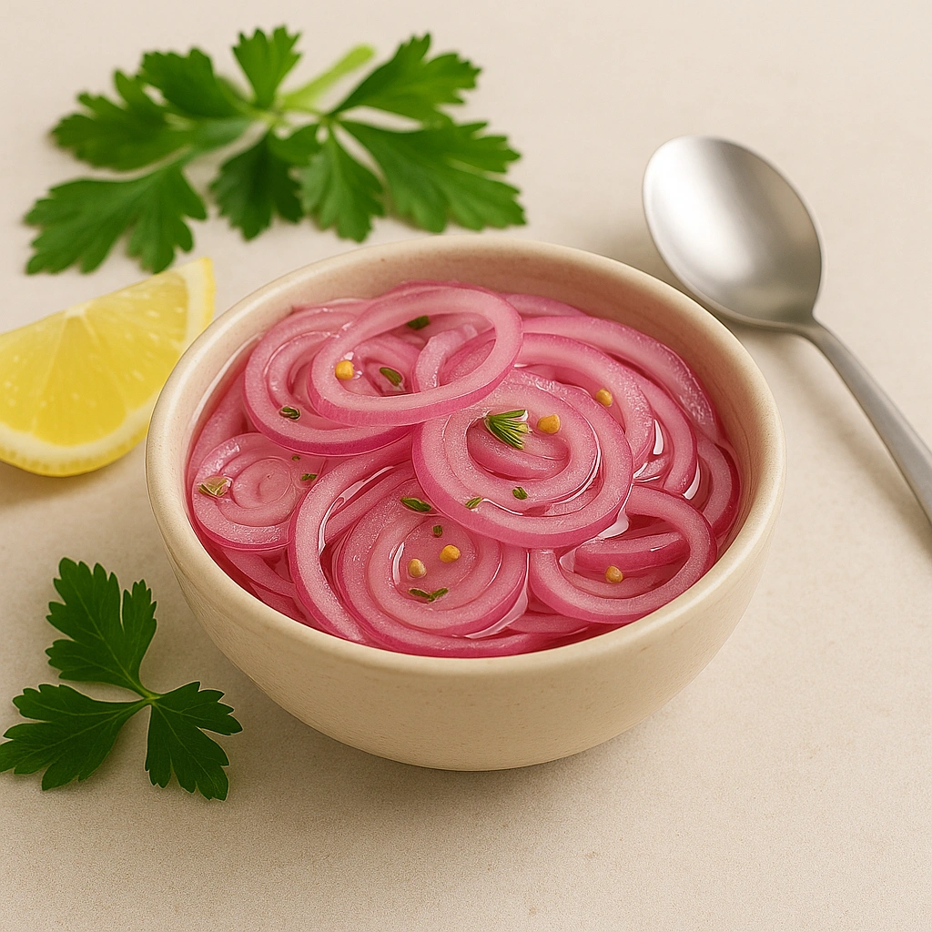 Маринована цибуля у піалі з лимоном і зеленню