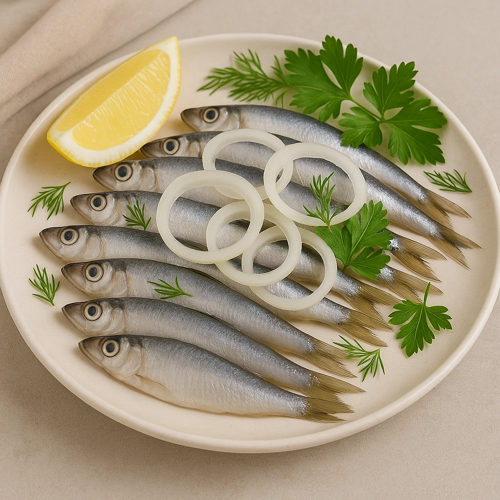 Малосольна тюлька з цибулею, лимоном і зеленню