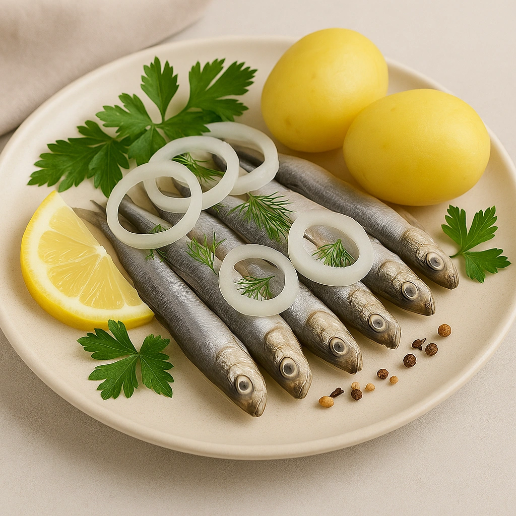 Малосольна тюлька на тарілці з картоплею, лимоном і зеленню