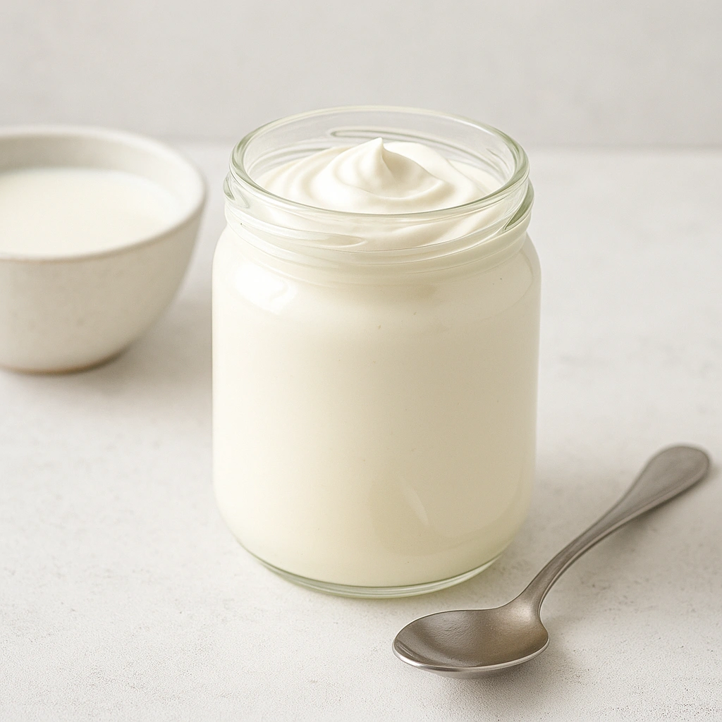 Домашні вершки з молока у скляній баночці на білому фоні