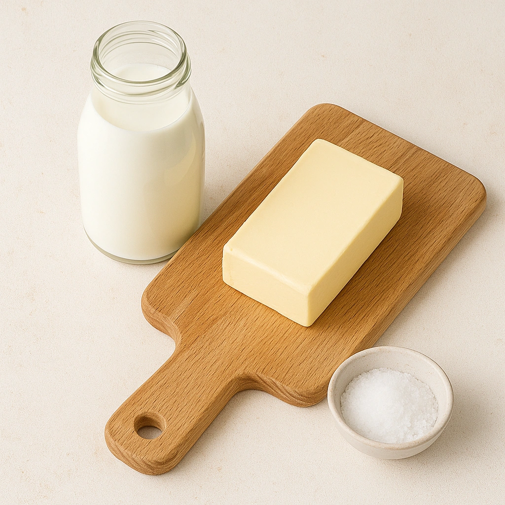 Молоко, вершкове масло і сіль для приготування вершків