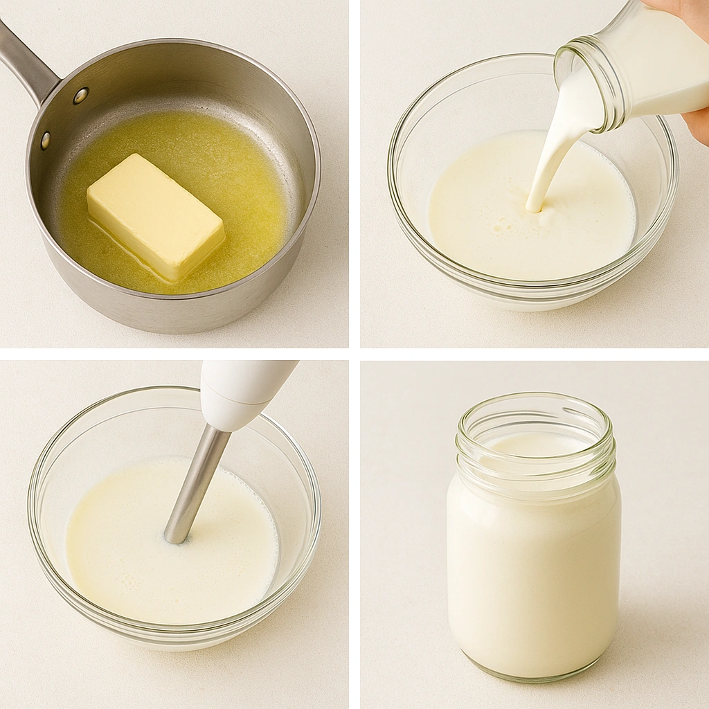 Процес приготування домашніх вершків з молока — топлення масла, змішування, збивання та охолодження