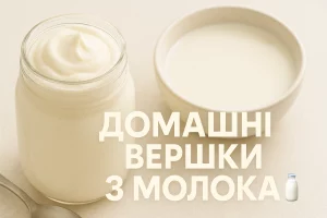 Баночка з домашніми вершками поруч із молоком