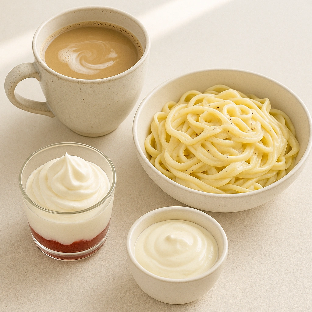 Приклади використання домашніх вершків — кава, паста у вершковому соусі та десерт із вершками