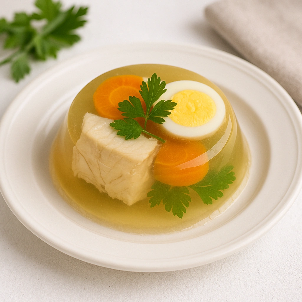 Залівне з риби на тарілці з морквою, яйцем та петрушкою