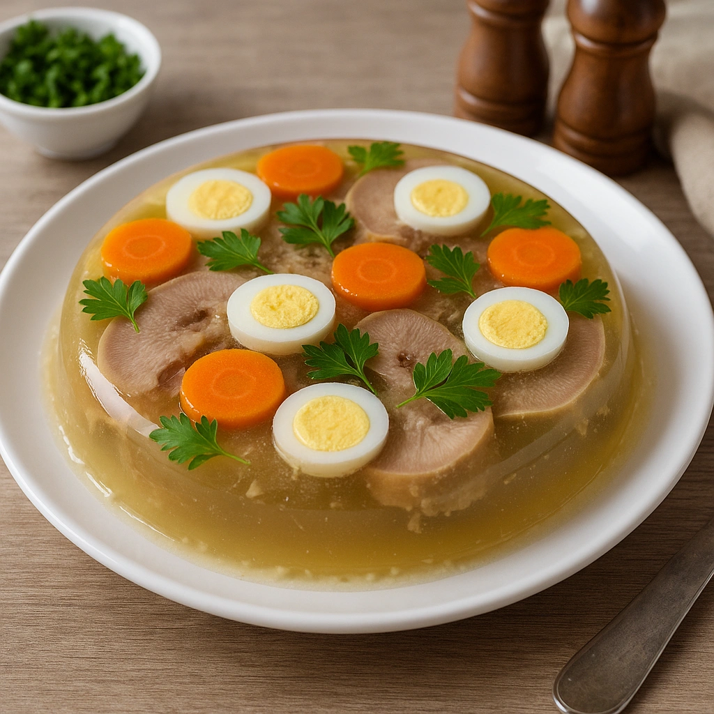 Залівне зі свинячого язика з яйцем, морквою та зеленню