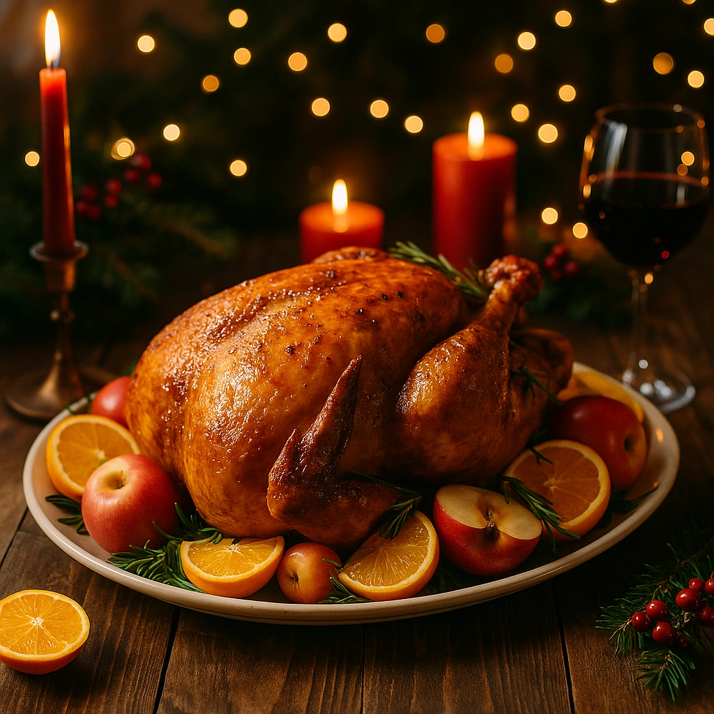 Запечена індичка на святковому столі з апельсинами, яблуками та розмарином