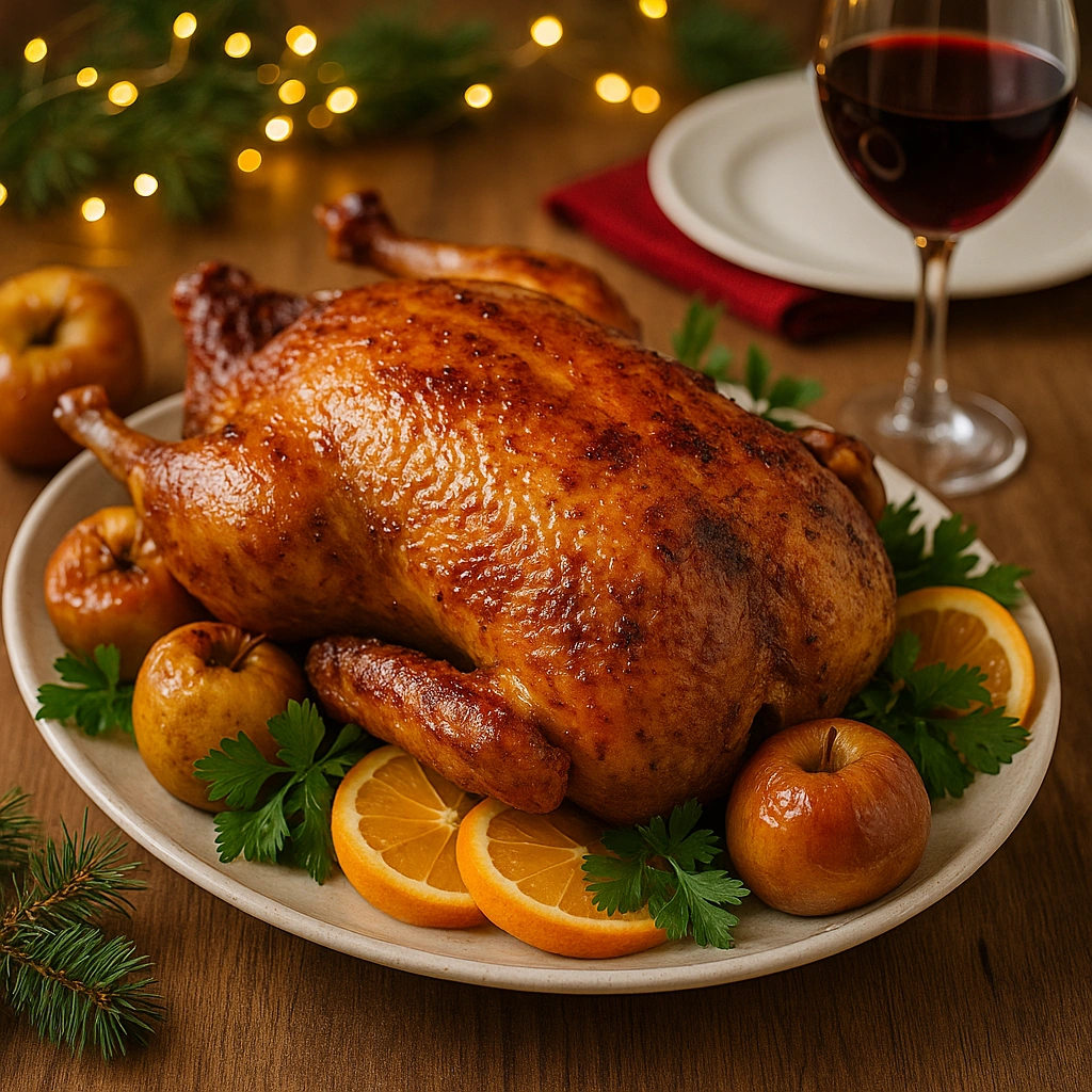 Запечена качка на святковому столі з яблуками й апельсинами