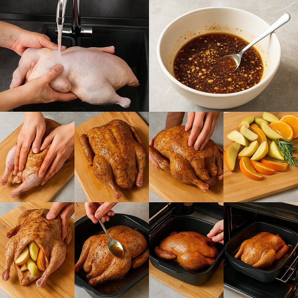 Процес приготування запеченої качки — колаж із 8 кроків