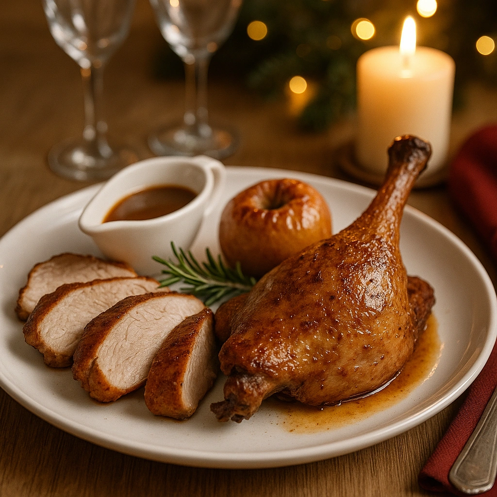 Подача запеченої качки з соусом грейві та запеченим яблуком