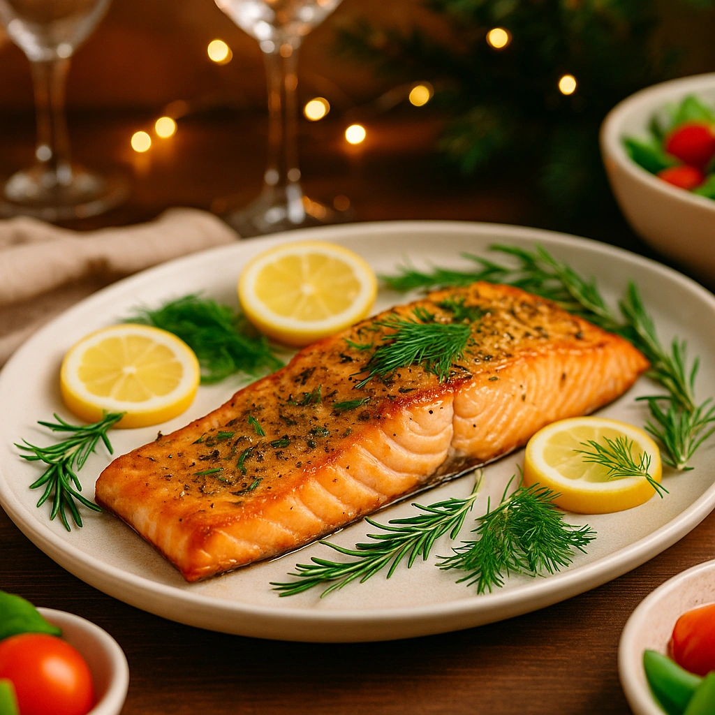 Подача запеченої сьомги з лимоном і зеленню