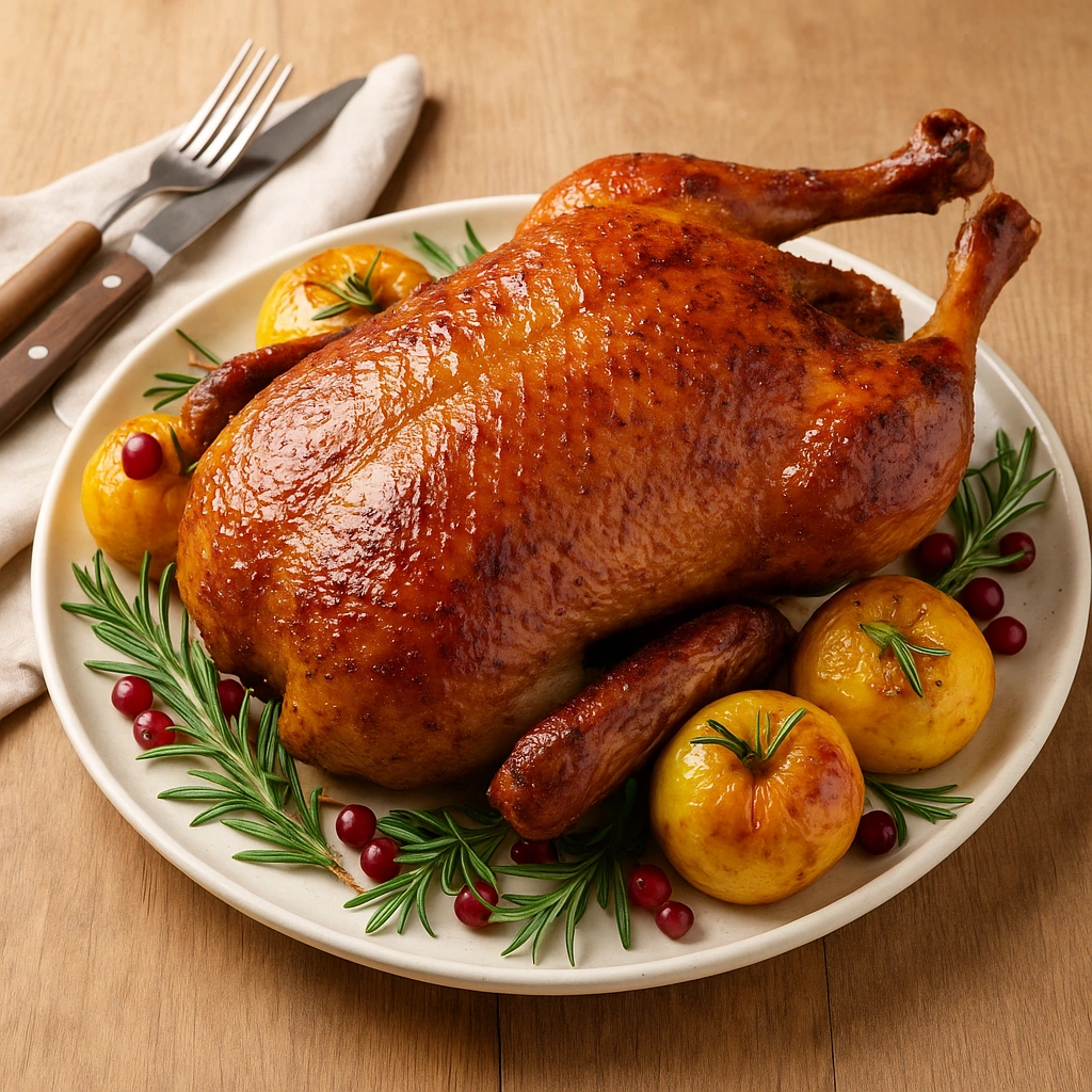 Запечений гусак із золотистою скоринкою на святковій тарілці з яблуками та розмарином