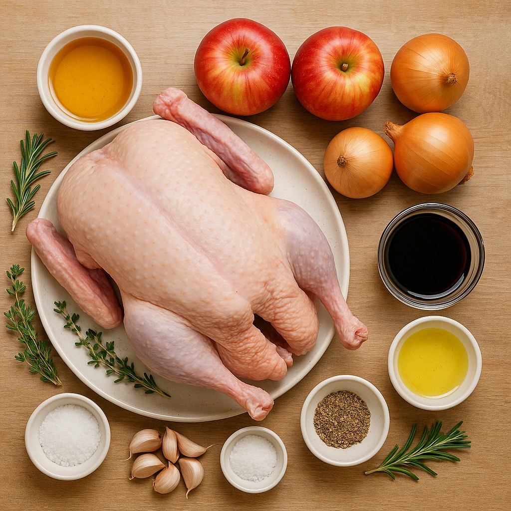 Інгредієнти для запеченого гусака — гусак, яблука, цибуля, часник, мед і спеції