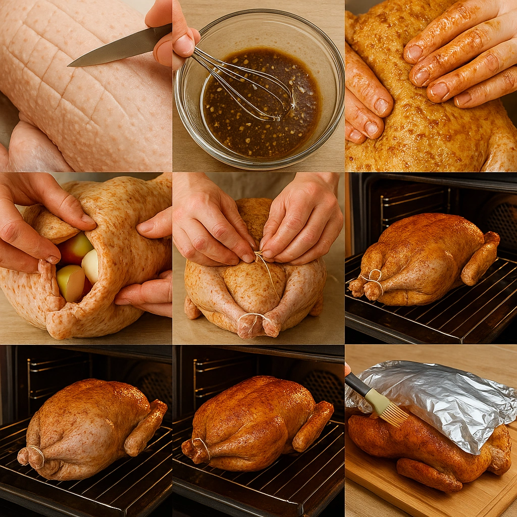 Колаж етапів приготування запеченого гусака у духовці
