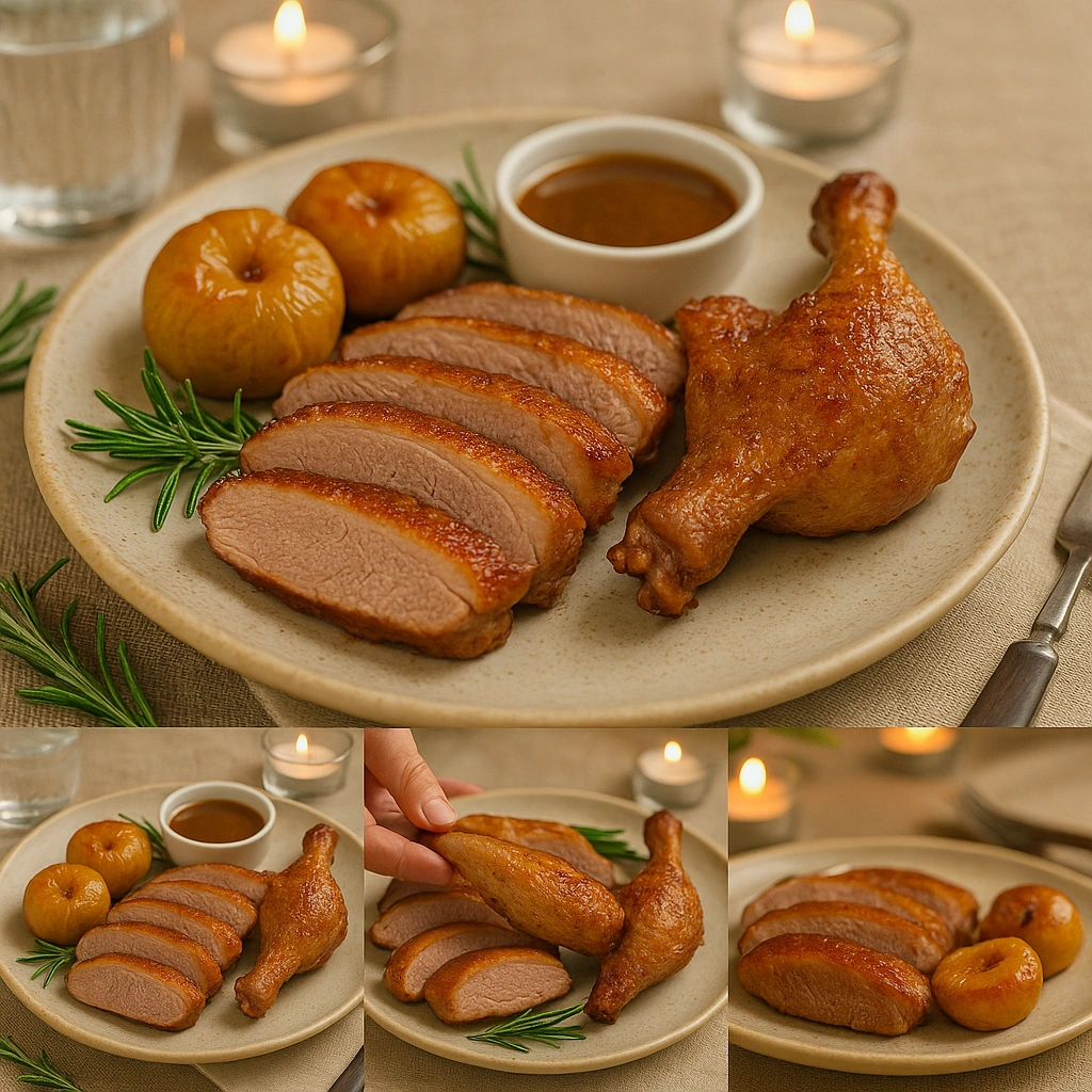 Подача запеченого гусака з яблуками і соусом грейві