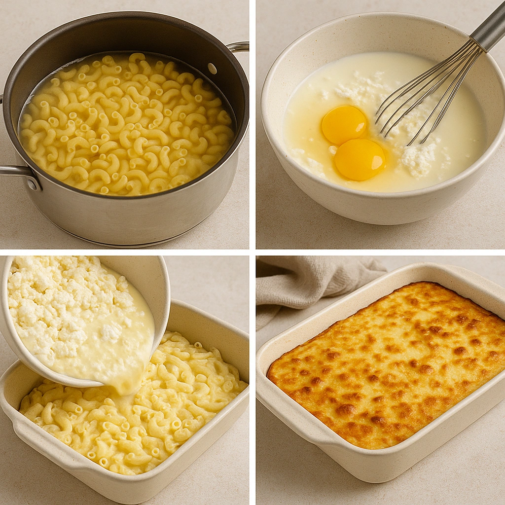 Покрокове приготування запіканки з макаронів — колаж