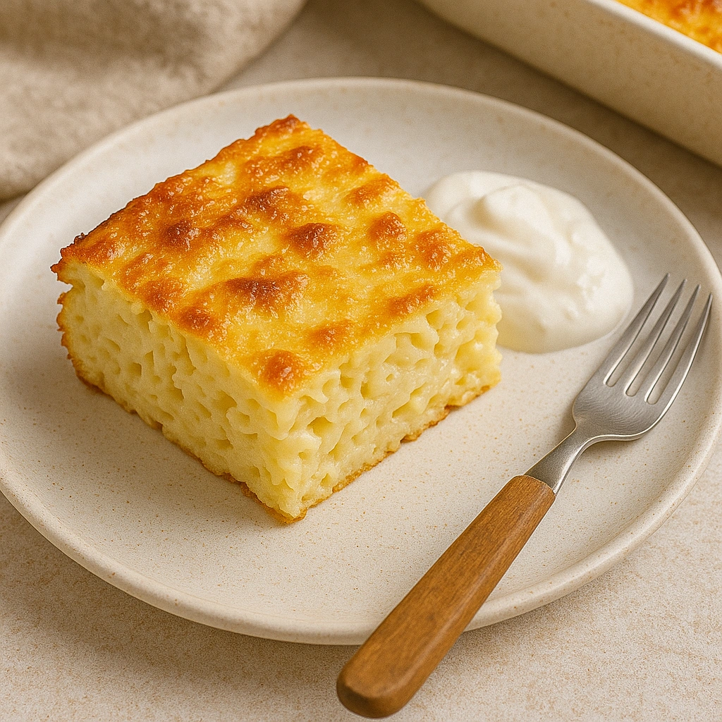 Порція запіканки з макаронів із ложкою сметани