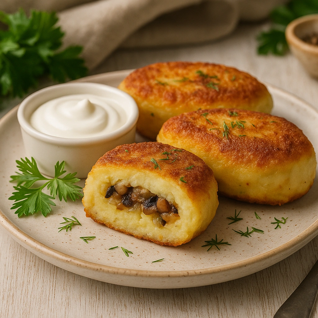 Зрази з грибами на тарілці зі сметаною