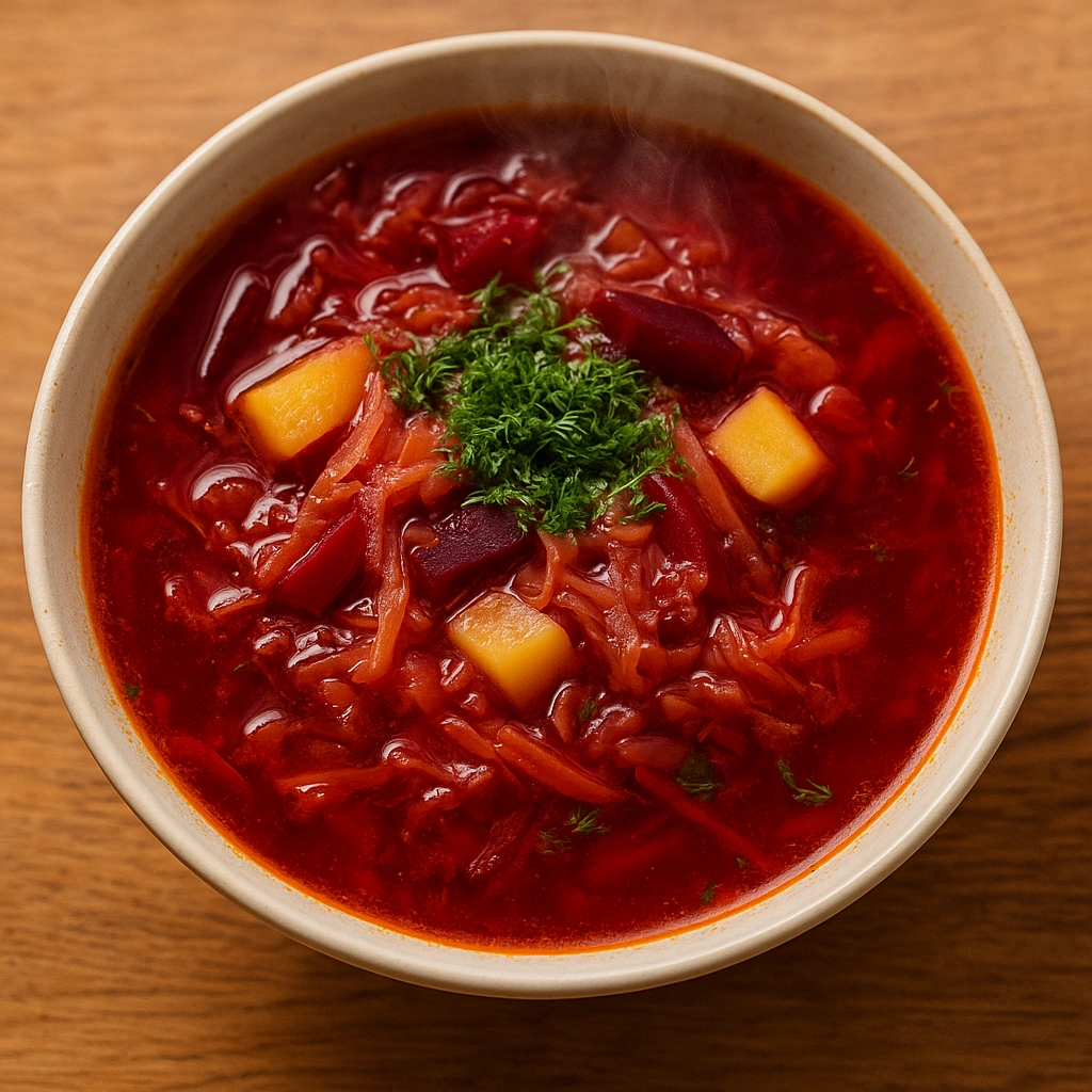 Борщ з квашеною капустою у тарілці з зеленню