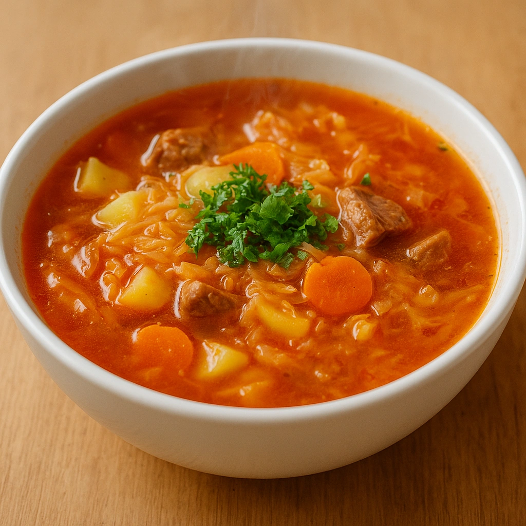 Капусняк у тарілці з м’ясом і квашеною капустою