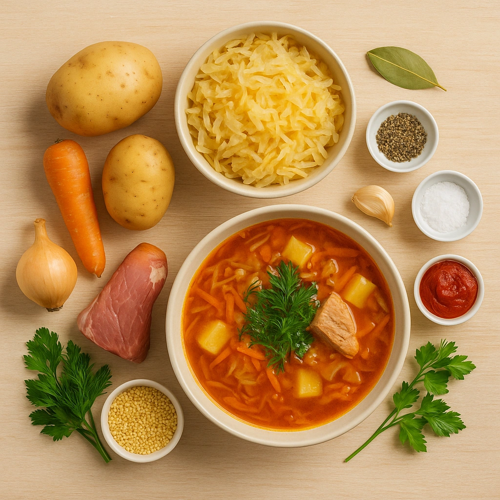 Інгредієнти для капусняку — капуста, м’ясо, овочі, пшоно