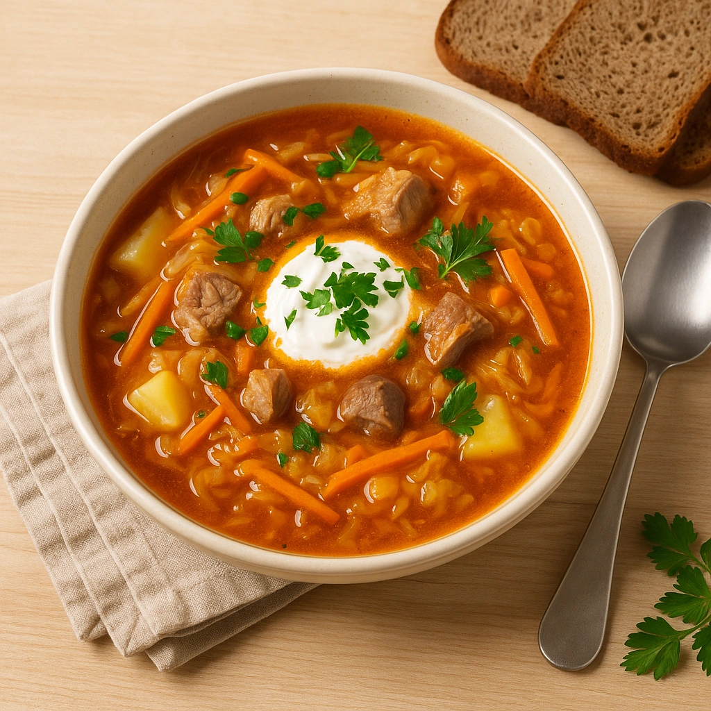 Подача капусняку зі сметаною та зеленню