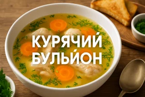 Курячий бульйон у тарілці з морквою, куркою та зеленню