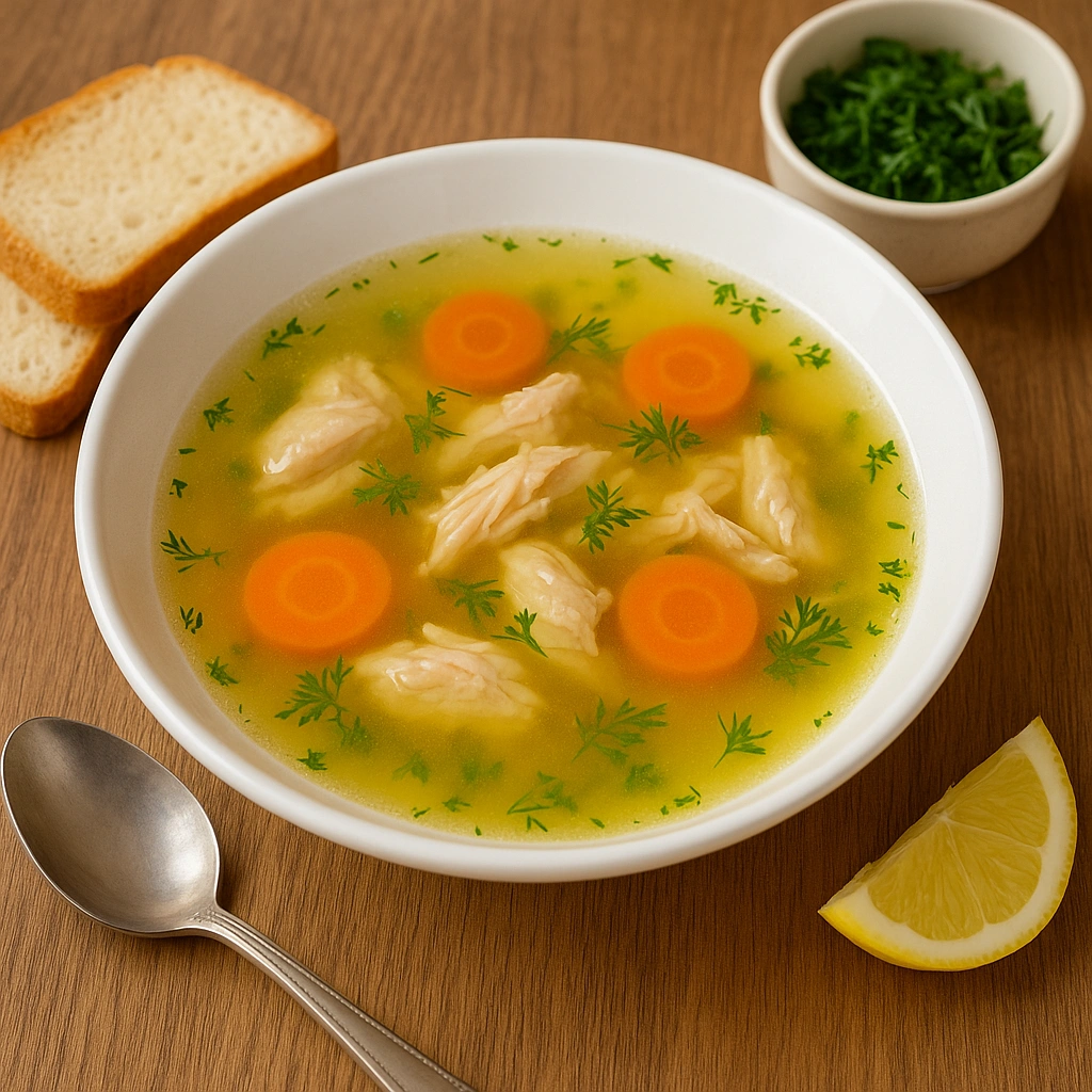 Подача курячого бульйону з грінками та зеленню