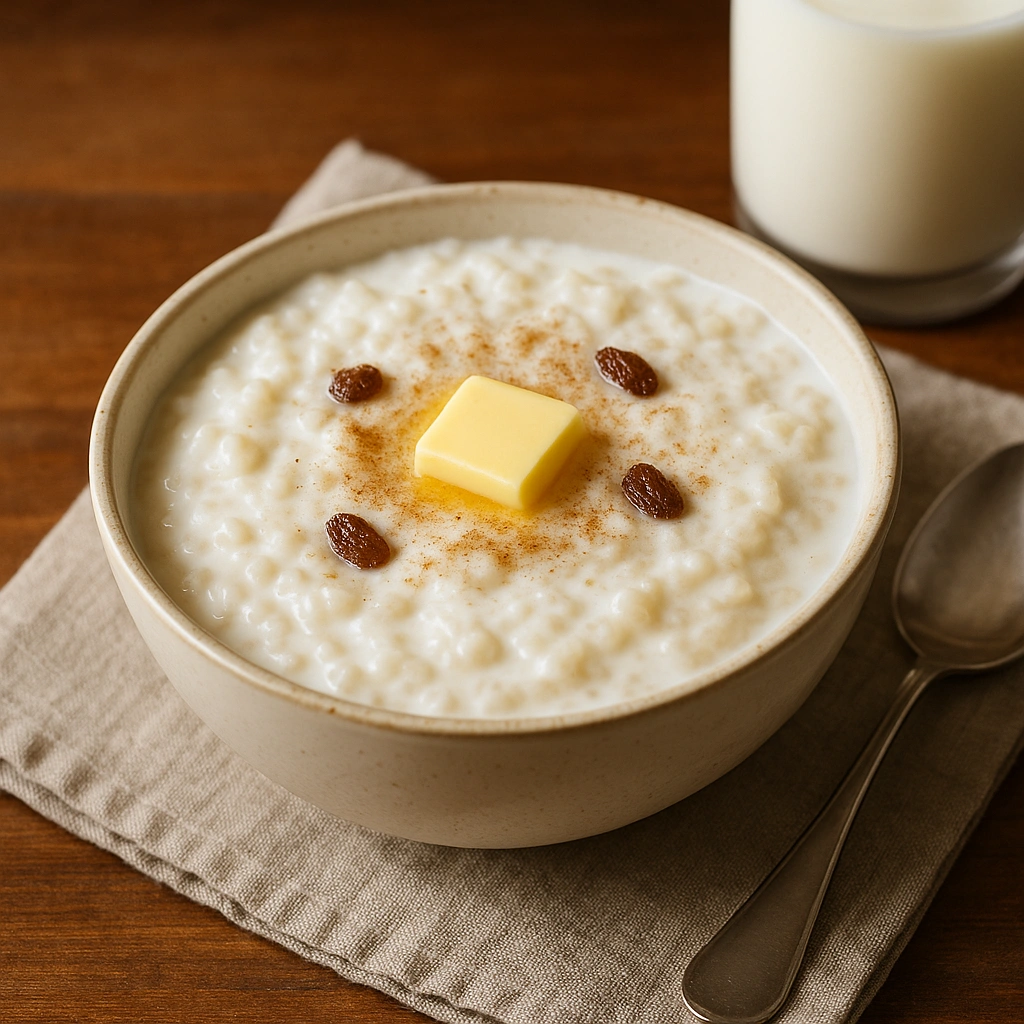 Молочна рисова каша з маслом і родзинками