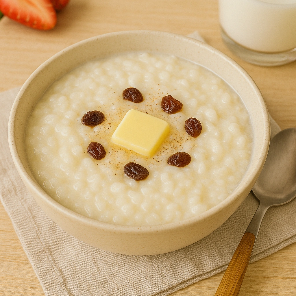 Подача молочної рисової каші з маслом і родзинками