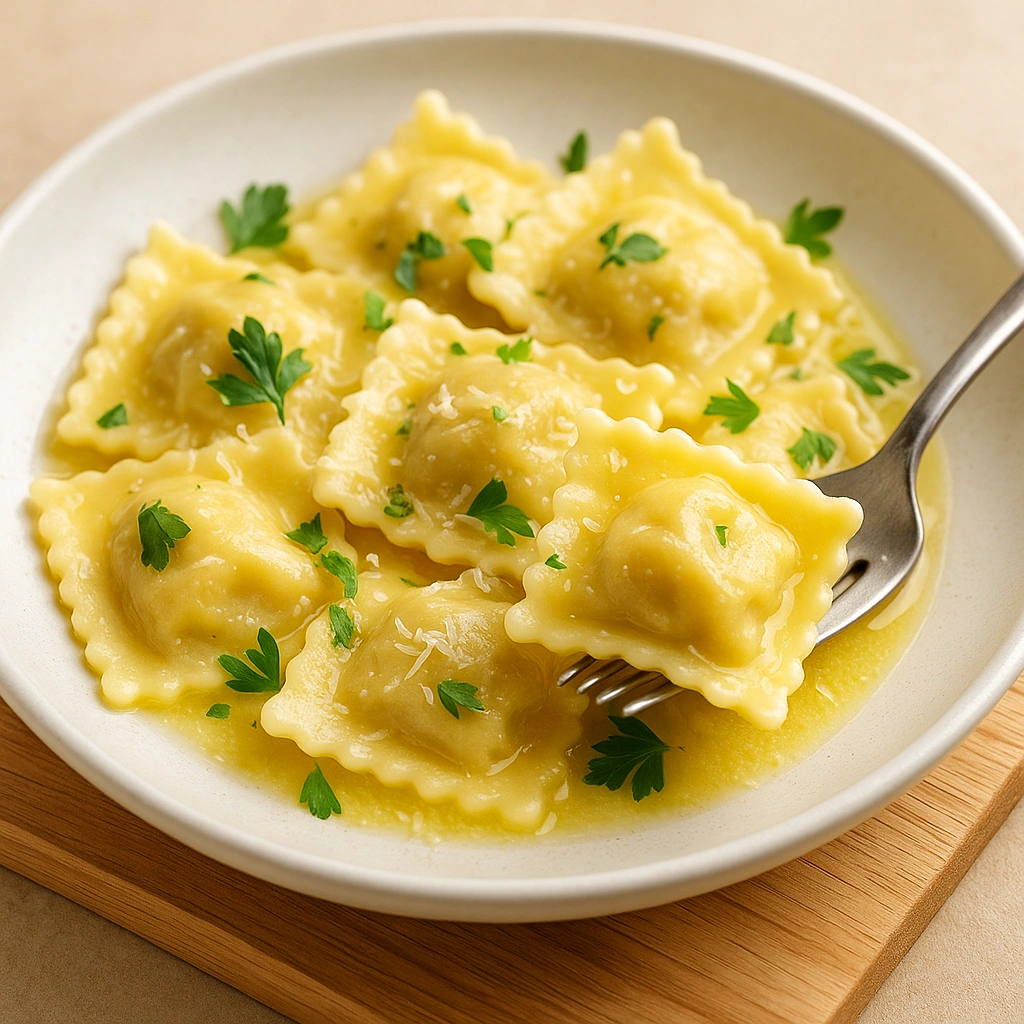 Равіолі з сиром і зеленню на тарілці