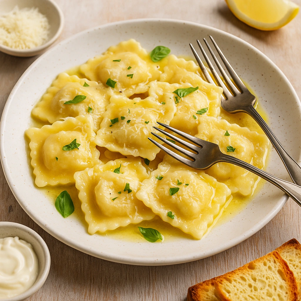 Равіолі в вершковому соусі з сиром і зеленню