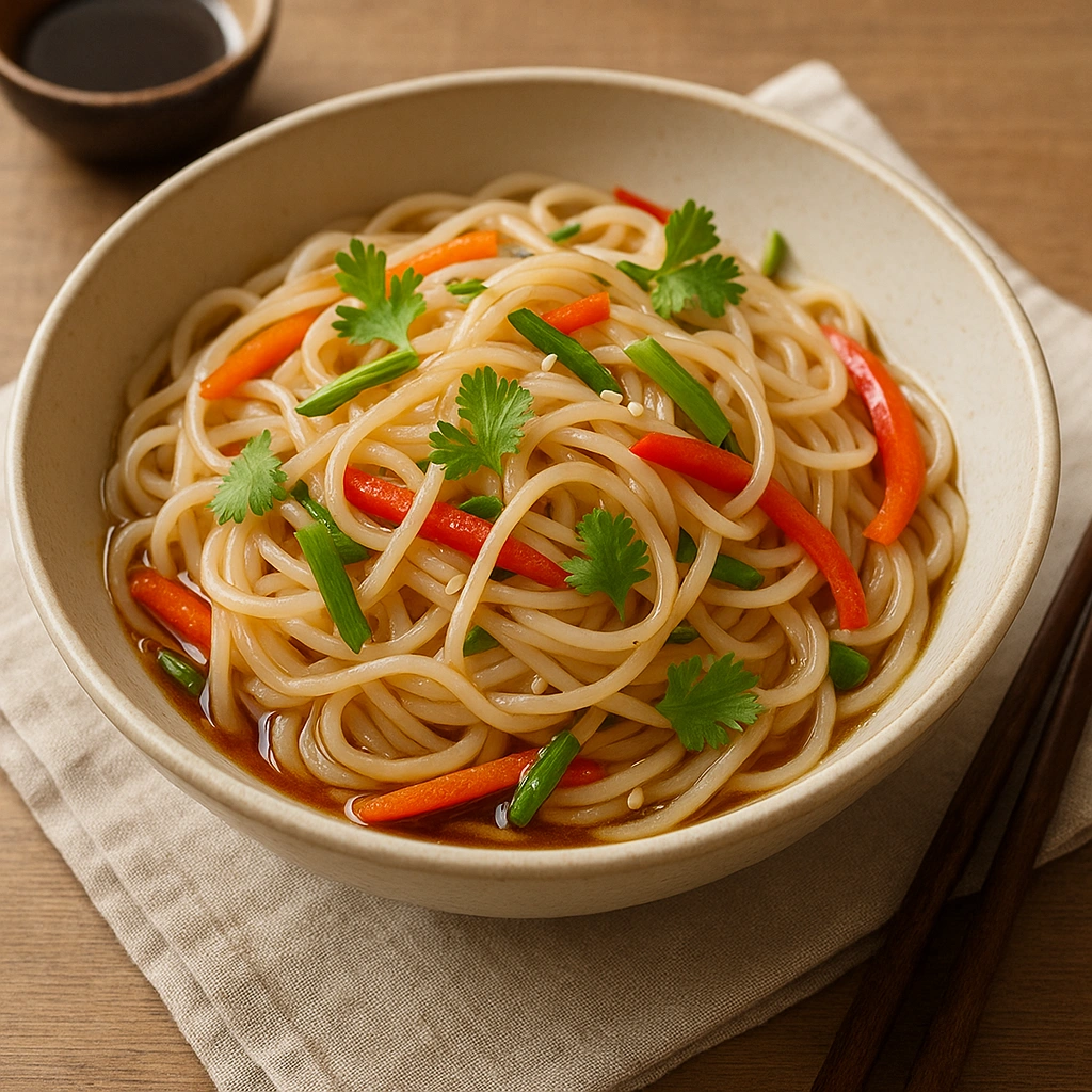 Рисова лапша з овочами та зеленню у тарілці