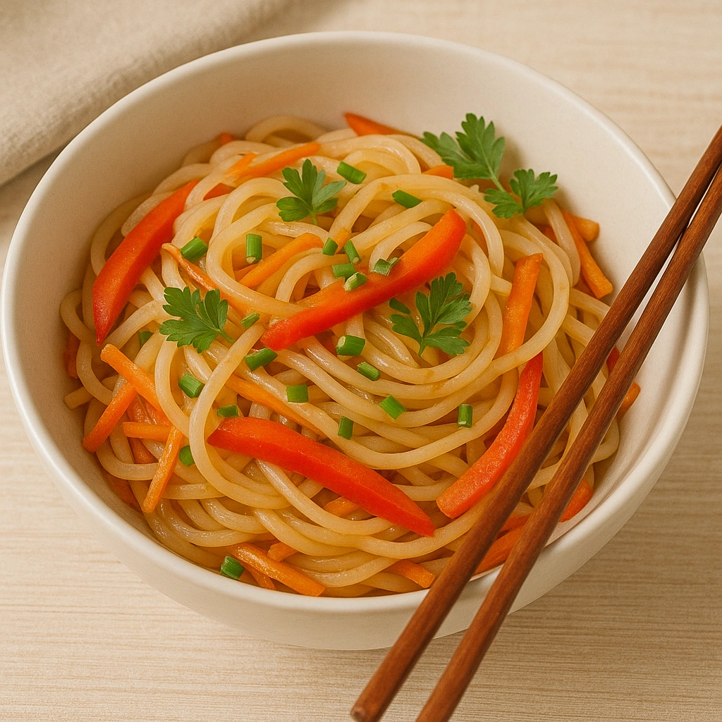 Подача рисової лапші з овочами та зеленню