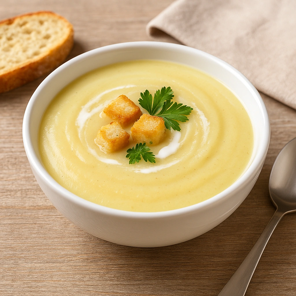 Суп-пюре з картоплі у тарілці з грінками та зеленню