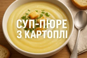 Суп-пюре з картоплі з зеленню та грінками у тарілці