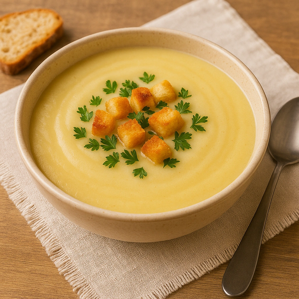Подача супу-пюре з картоплі з зеленню та грінками