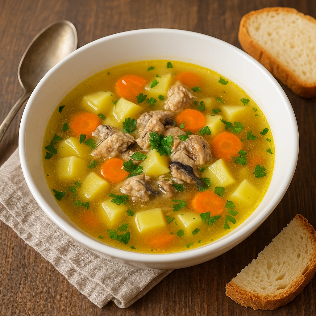 Суп з рибної консерви у тарілці з картоплею, морквою та зеленню