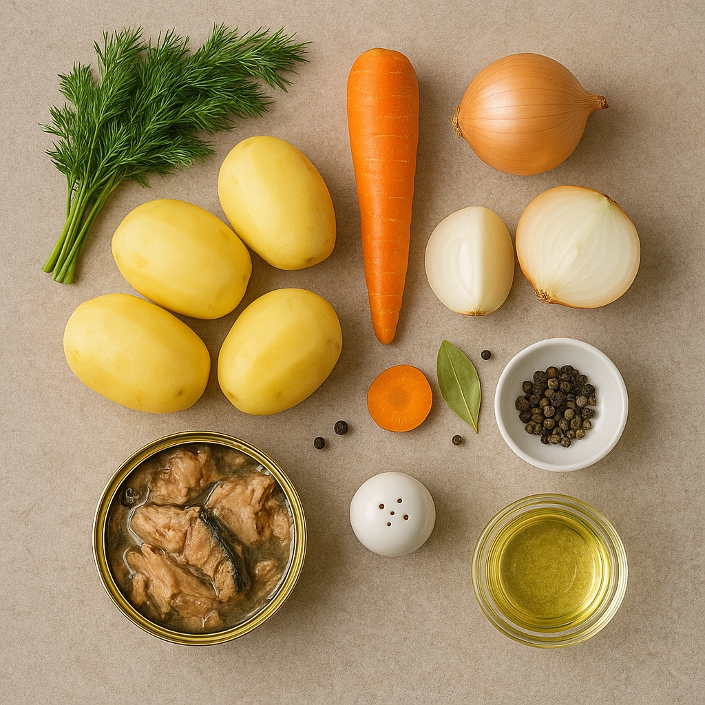 Інгредієнти для супу з рибної консерви на дерев’яному столі