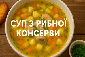 Суп з рибної консерви у тарілці з овочами та зеленню