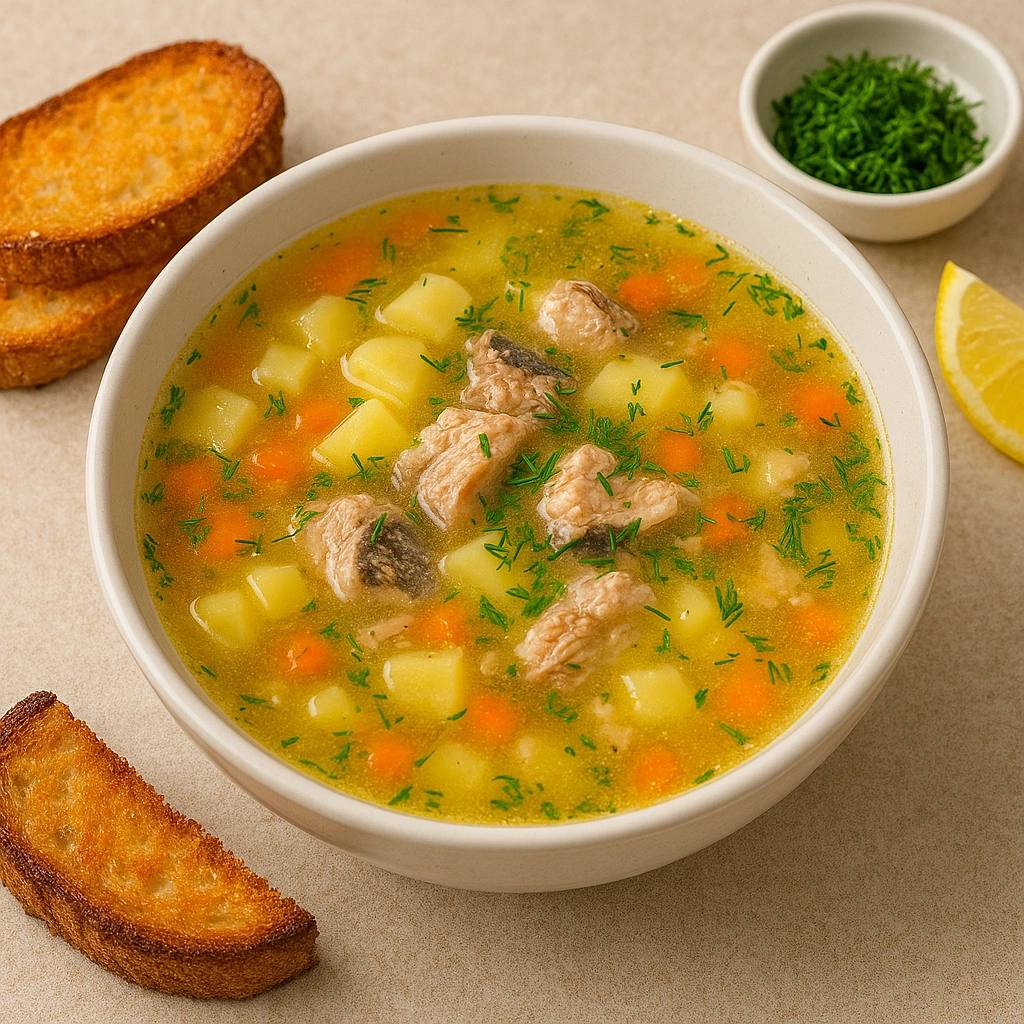 Подача супу з рибної консерви з грінками, зеленню та лимоном